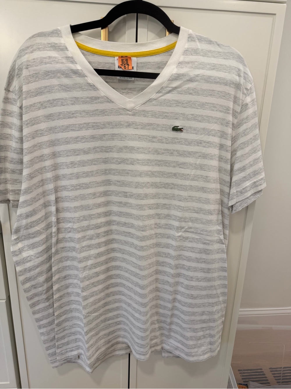 Lacoste White & Light Gray Striped V-Neck Tee